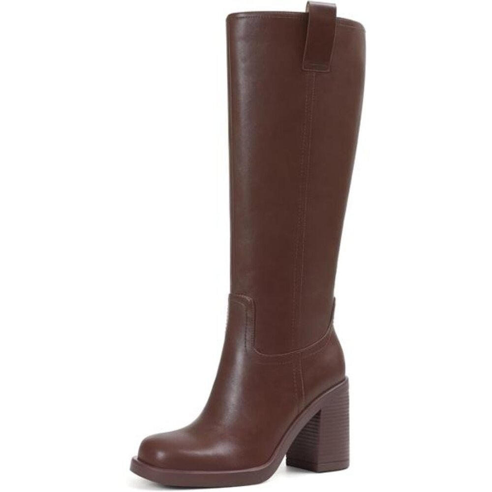 Women's Knee High Boots Fall Chunky Heel Boot Square Toe Half Zip Tall Boots